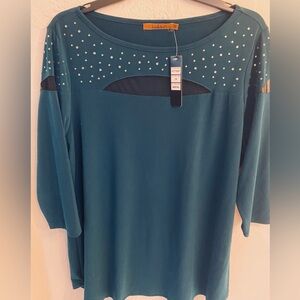 Belldini Teal Pullover Top  with Stud Accents / Cutouts with sheer fabric NWT